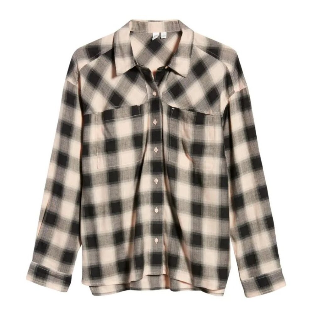 BP Plaid Button Up Casual Shirt Womens M Black Cotton Blend Long Sleeve